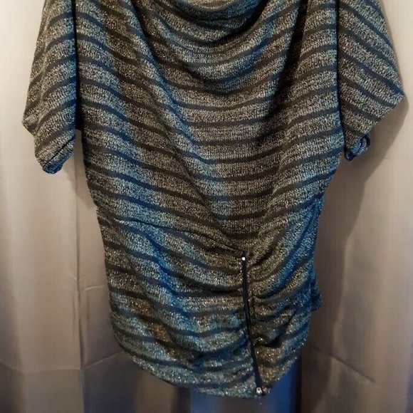 New Metallic Sheer Crochet Draped top L Blue Gold Green stripe Zippered waistban - Picture 4 of 10